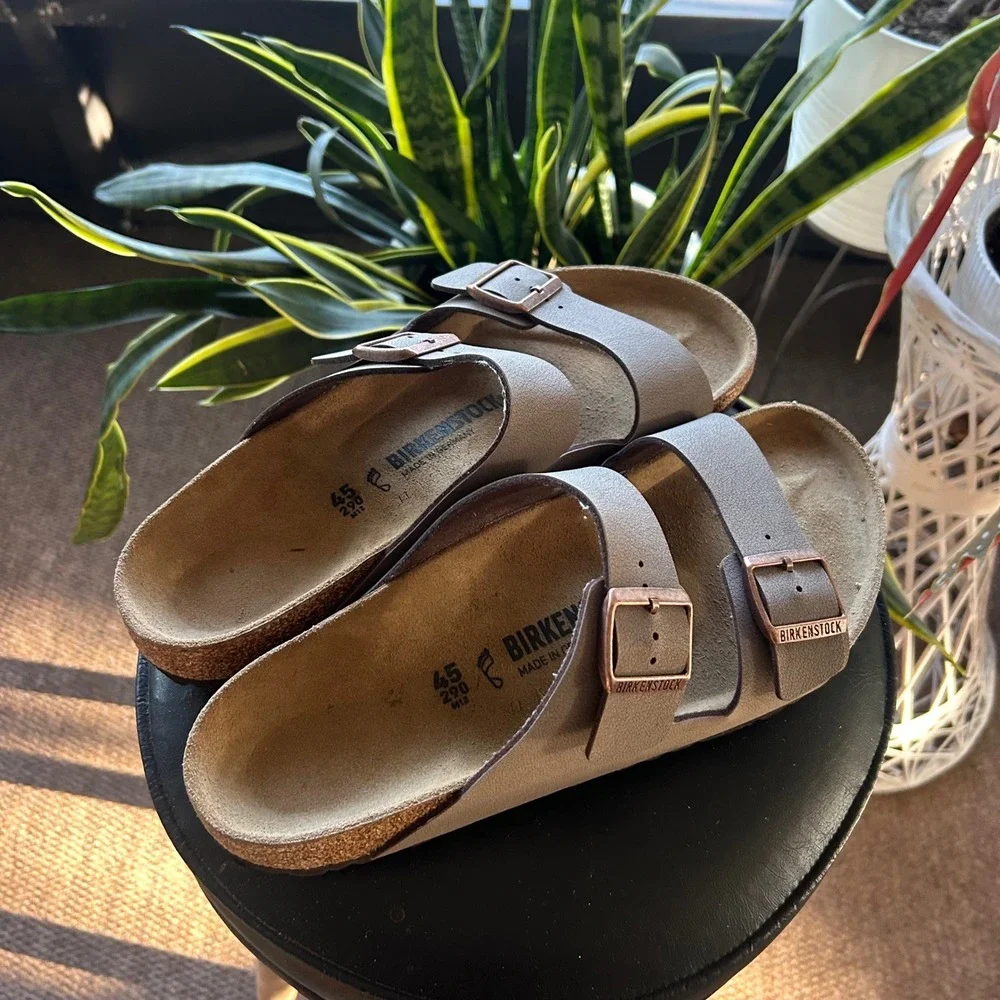 Birkenstock Arizona Stone Birko-Flor Sandals Mens 45 M12 Gray Two Strap Slide